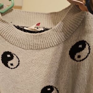 No Boundaries Gray Crewneck Sweater with Black Yin Yang Motifs